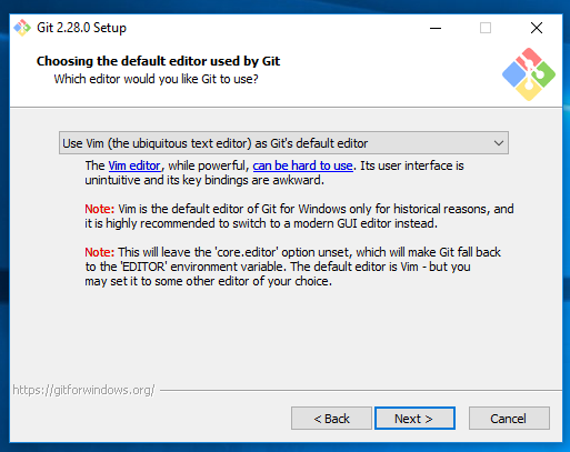 An image showing the dialogue to select an editor for Git