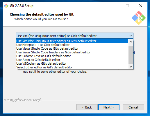 An image showing the dialogue to select an editor for Git with the dropdown extended